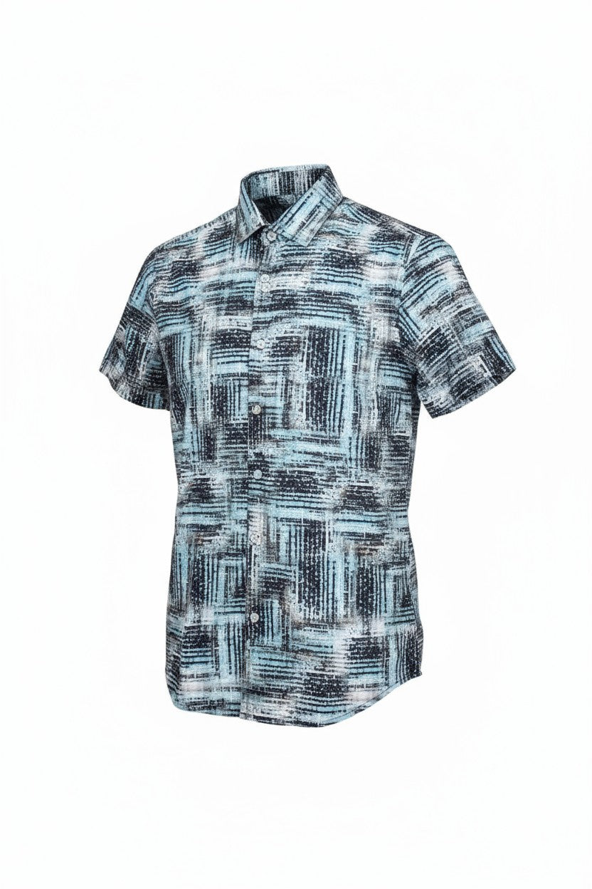 Men’s short-sleeved button-up suslo crinkled fabric shirt with modern black white and light blue abstract pattern