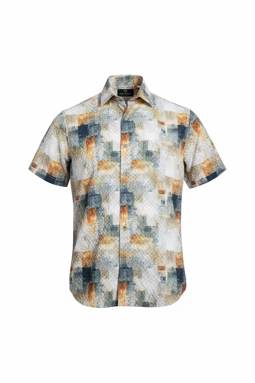 Suslo crinkled fabric s s shirt short sleeved button up with modern abstract beige blue and orange pattern