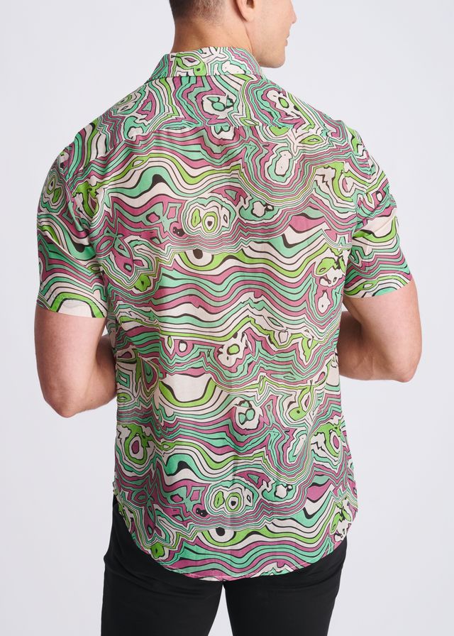 A vibrant short-sleeved lightweight cotton silk shirt with a psychedelic green pink and white swirling pattern