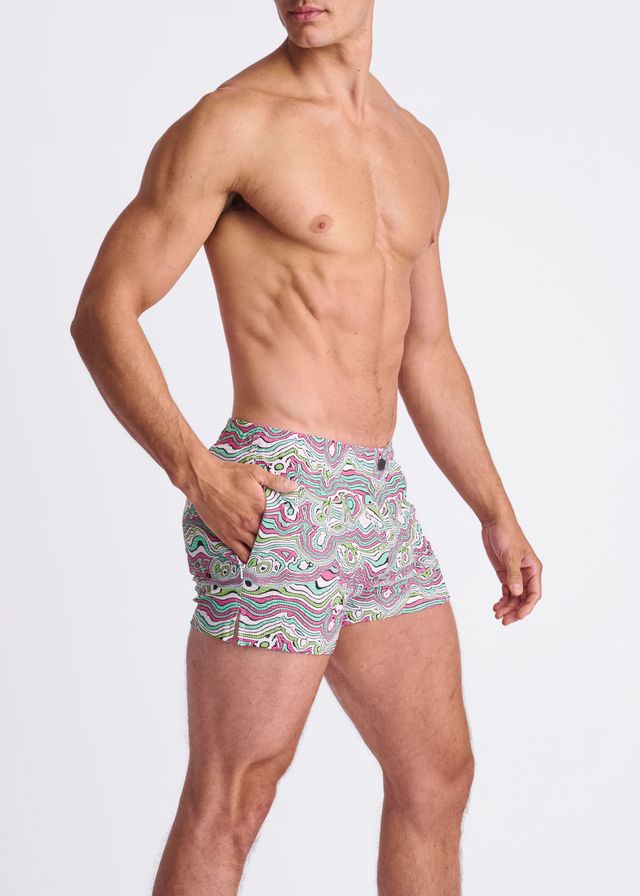 Men’s swirls print seersucker swim shorts with mesh lining featuring vibrant pink green and white swirl pattern