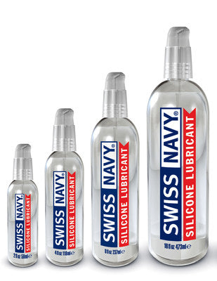 Clear glass bottles with silver spray nozzles and blue and red swiss navy silicone lubricant labels