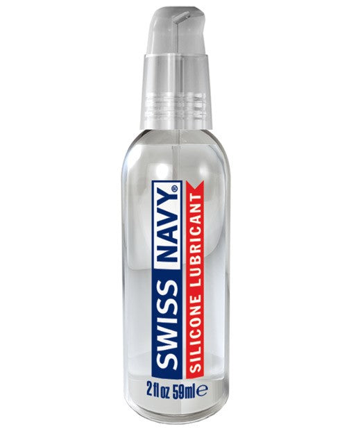 Clear glass bottle with silver pump dispenser containing swiss navy silicone lubricant in blue and red text label
