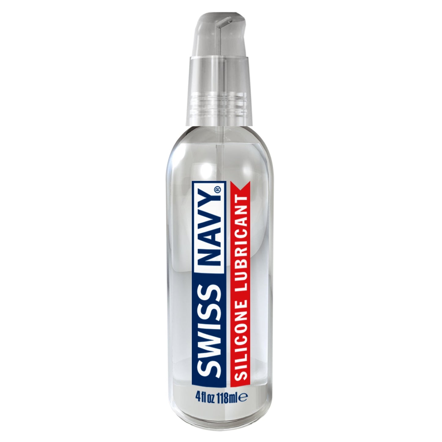 Clear glass bottle with transparent pump dispenser labeled swiss navy silicone lubricant for personal use