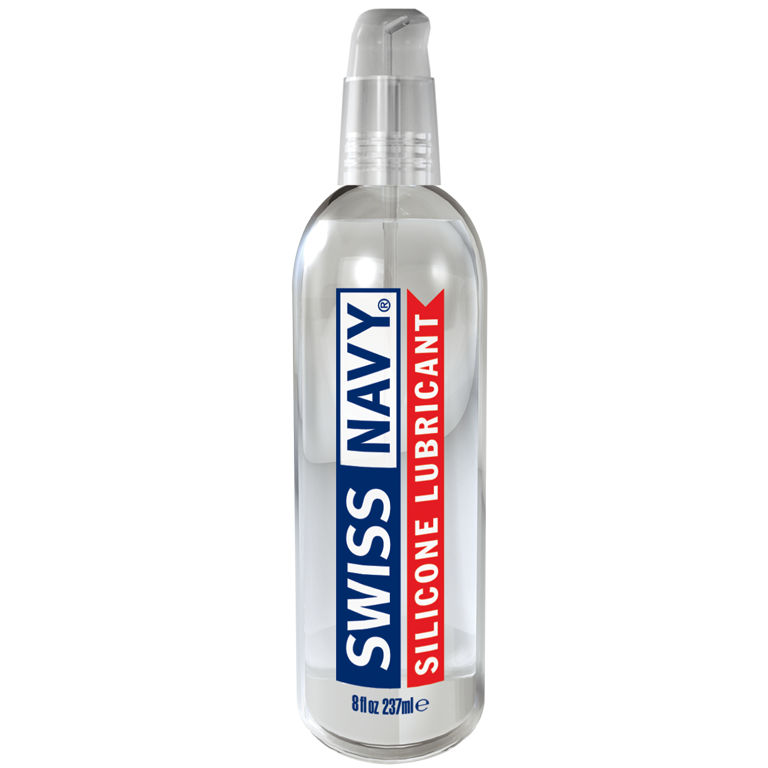 Clear plastic bottle of swiss navy silicone lubricant with blue and red label and transparent pump dispenser