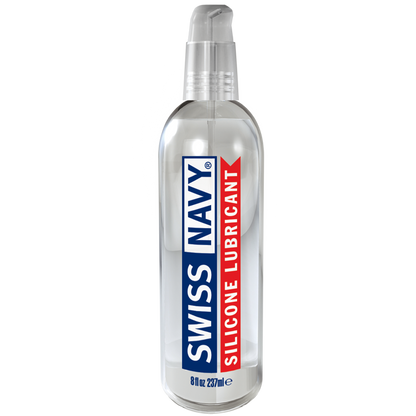 Clear plastic bottle of swiss navy silicone lubricant with blue and red label and transparent pump dispenser