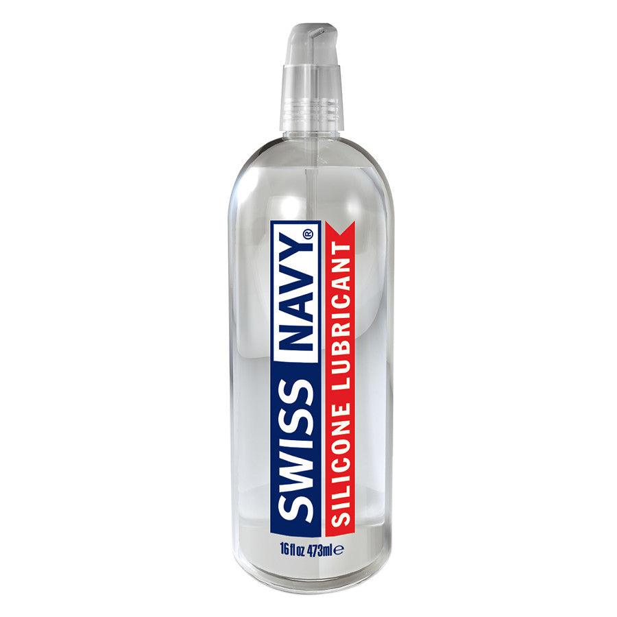 Clear plastic bottle of swiss navy silicone lubricant with silver pump dispenser labeled in blue and red text