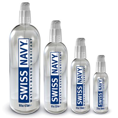 Swiss navy water-based lubricant bottles in clear glass with silver pumps and blue labels in four sizes