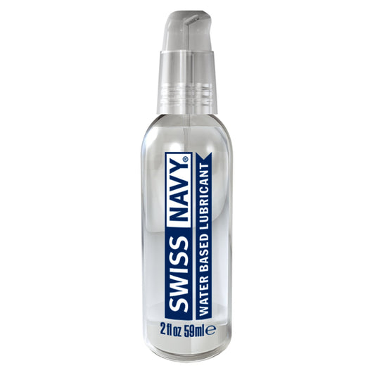 Clear glass bottle with silver pump labeled swiss navy water-based lubricant in blue text for personal use