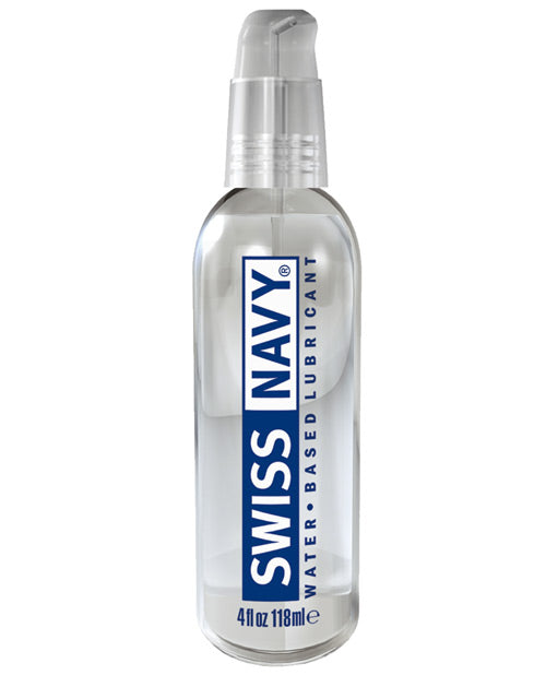 Clear plastic bottle with silver pump dispenser labeled swiss navy water-based lubricant in blue and white text