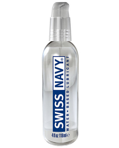 Clear plastic bottle with silver pump dispenser labeled swiss navy water-based lubricant in blue and white text