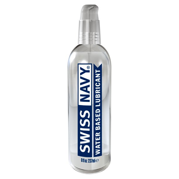 Clear plastic bottle with silver pump containing swiss navy water-based lubricant labeled in blue and white text