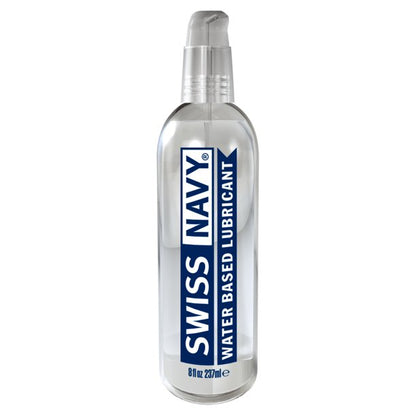 Clear plastic bottle with silver pump containing swiss navy water-based lubricant labeled in blue and white text