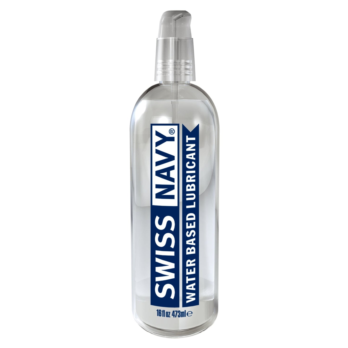 Clear plastic bottle of swiss navy water-based lubricant with transparent pump and navy blue white label