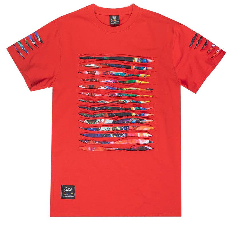 Switch thrashed tee vibrant red short-sleeved t-shirt with bold multicolored abstract horizontal stripes and ripped sleeve accents