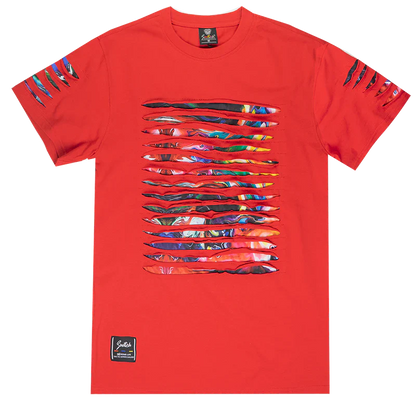 Switch thrashed tee vibrant red short-sleeved t-shirt with bold multicolored abstract horizontal stripes and ripped sleeve accents