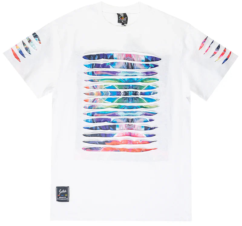 White short-sleeved switch thrashed tee with vibrant multicolored abstract horizontal bands on chest and sleeves