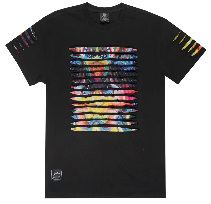 Black SWITCH THRASHED tee featuring vibrant multicolored abstract horizontal strips on chest and colorful sleeve accents