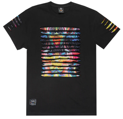 Black SWITCH THRASHED tee featuring vibrant multicolored abstract horizontal strips on chest and colorful sleeve accents