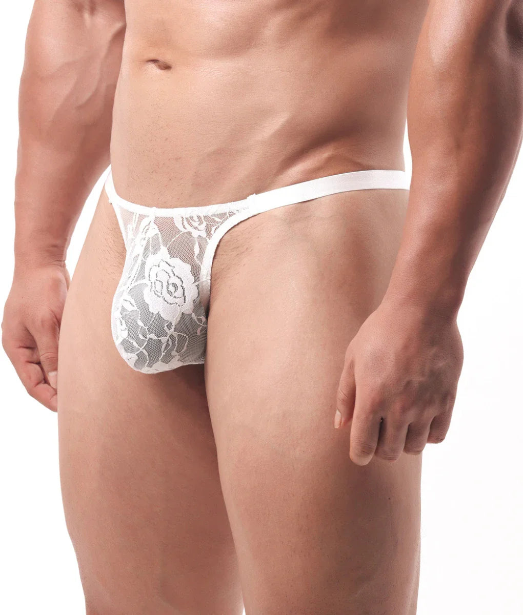 White lace thong with floral pattern designed as a sexy men thong in a delicate lace fabric