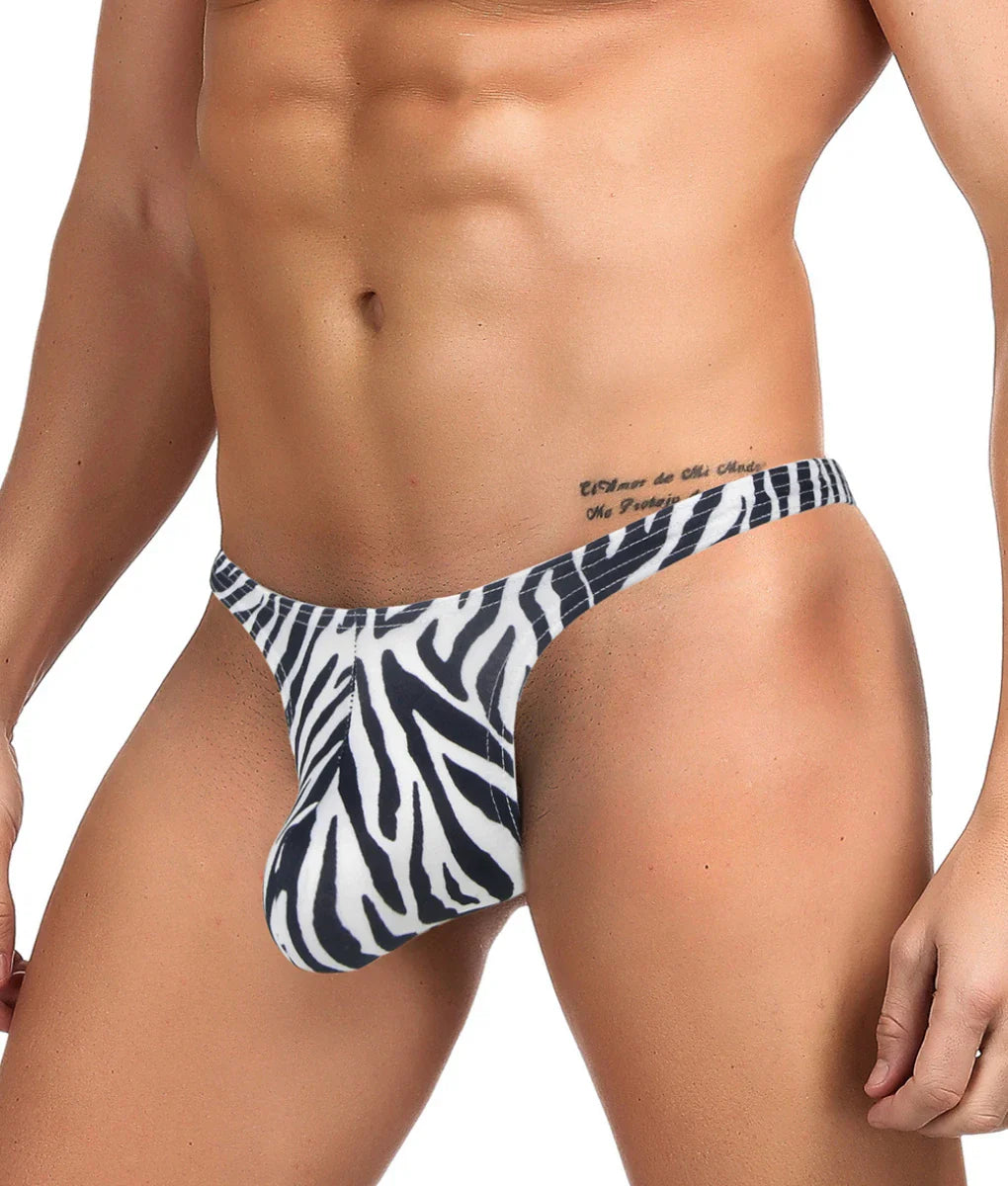 Black and white zebra-striped men’s thong made of stretchy fabric shown from the back for a sexy look