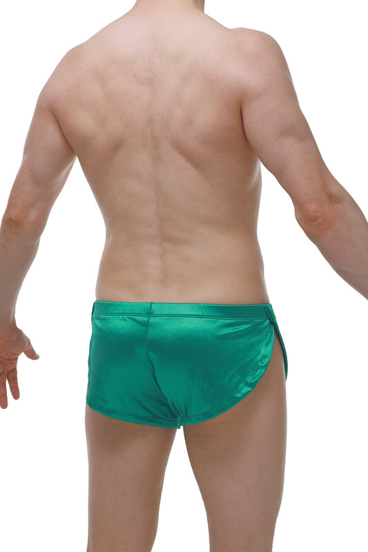 Shiny emerald green satin swim trunks short snap satin green with smooth satin finish for stylish beachwear