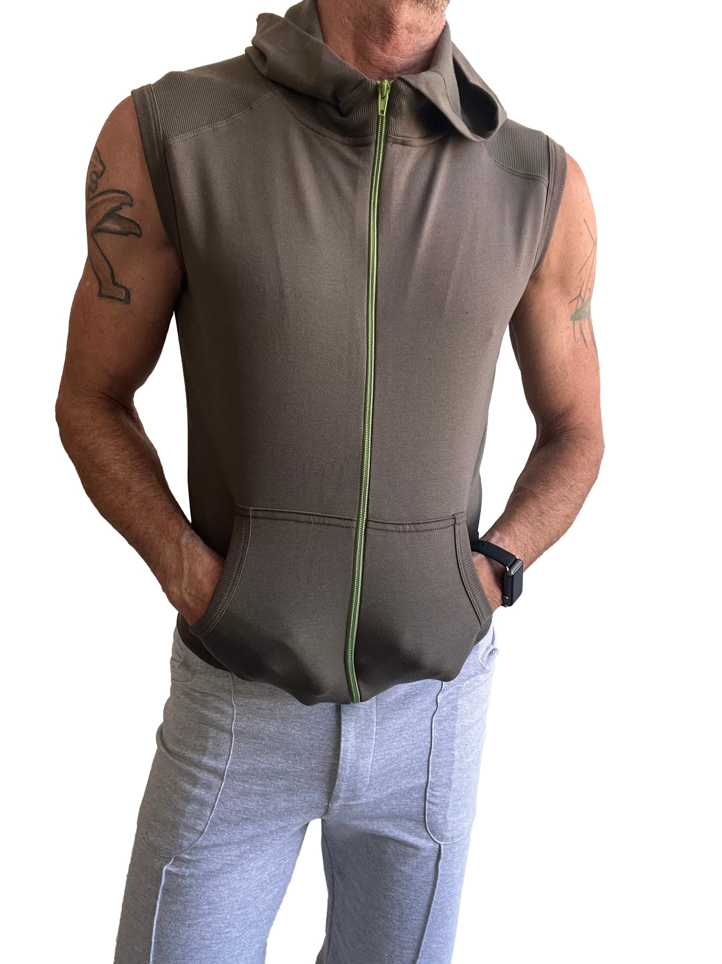 Olive green sleeveless yoga hoodie with bright lime zipper and front pockets designed for activewear use