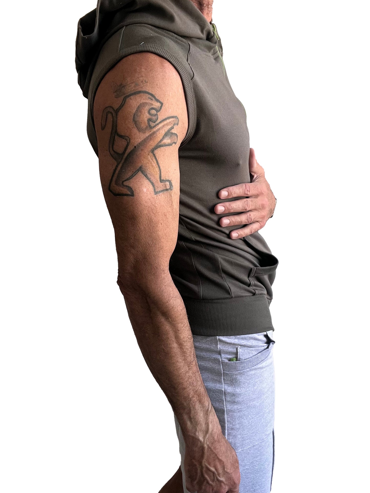 Olive green sleeveless yoga hoodie with hood and ribbed cuffs made for comfortable workout wear