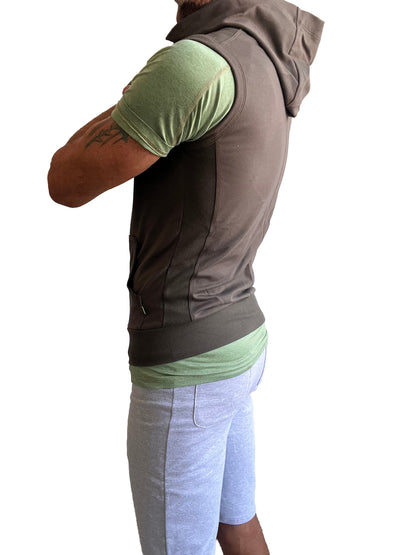 Brown hooded sleeveless vest with ribbed waistband and side pockets shown with army green sleeveless yoga hoodie