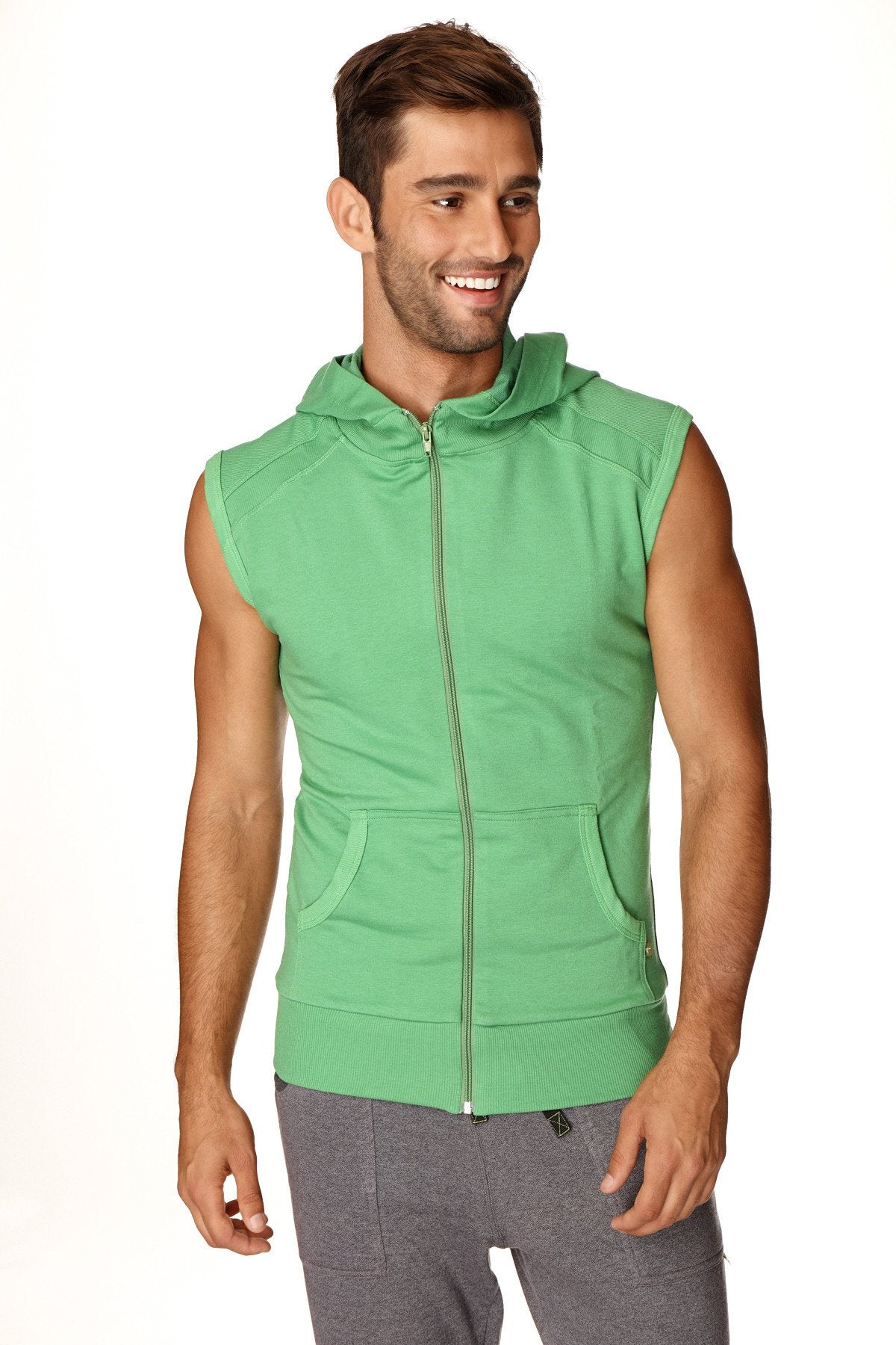 Green sleeveless zip-up yoga hoodie with hood and front pockets made from bamboo fabric for comfortable workouts