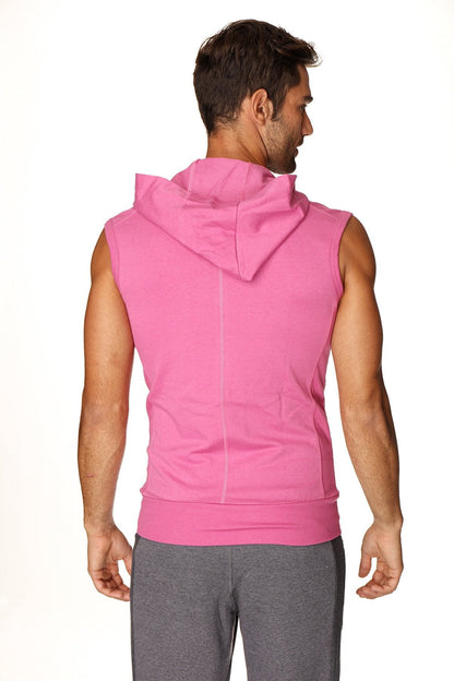 A vibrant berry sleeveless yoga hoodie with a hood and ribbed cuffs designed for comfortable workouts