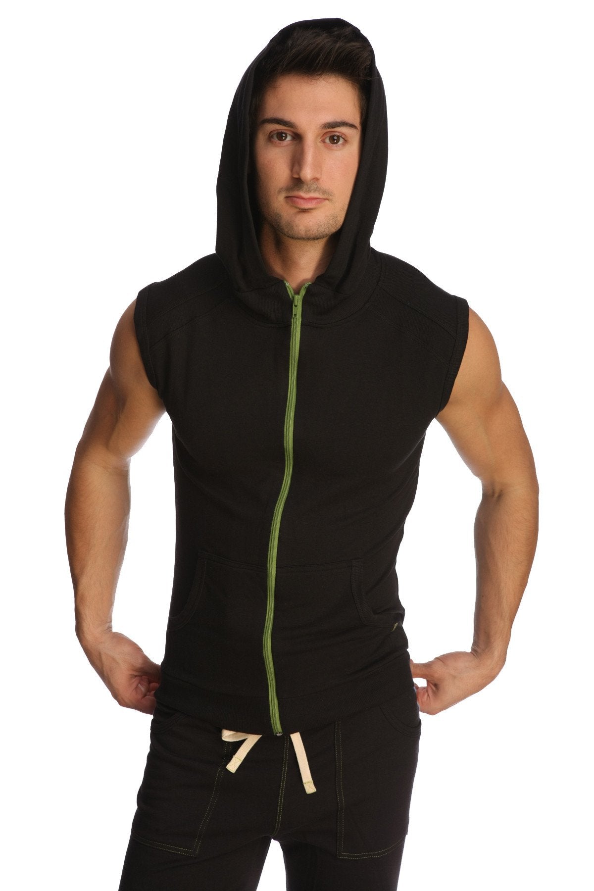 Black sleeveless yoga hoodie featuring lime green zipper and drawstring waistband for comfortable workouts