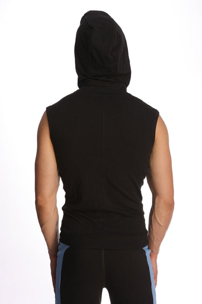 Black sleeveless yoga hoodie with snug fit and hood worn by person for comfortable activewear