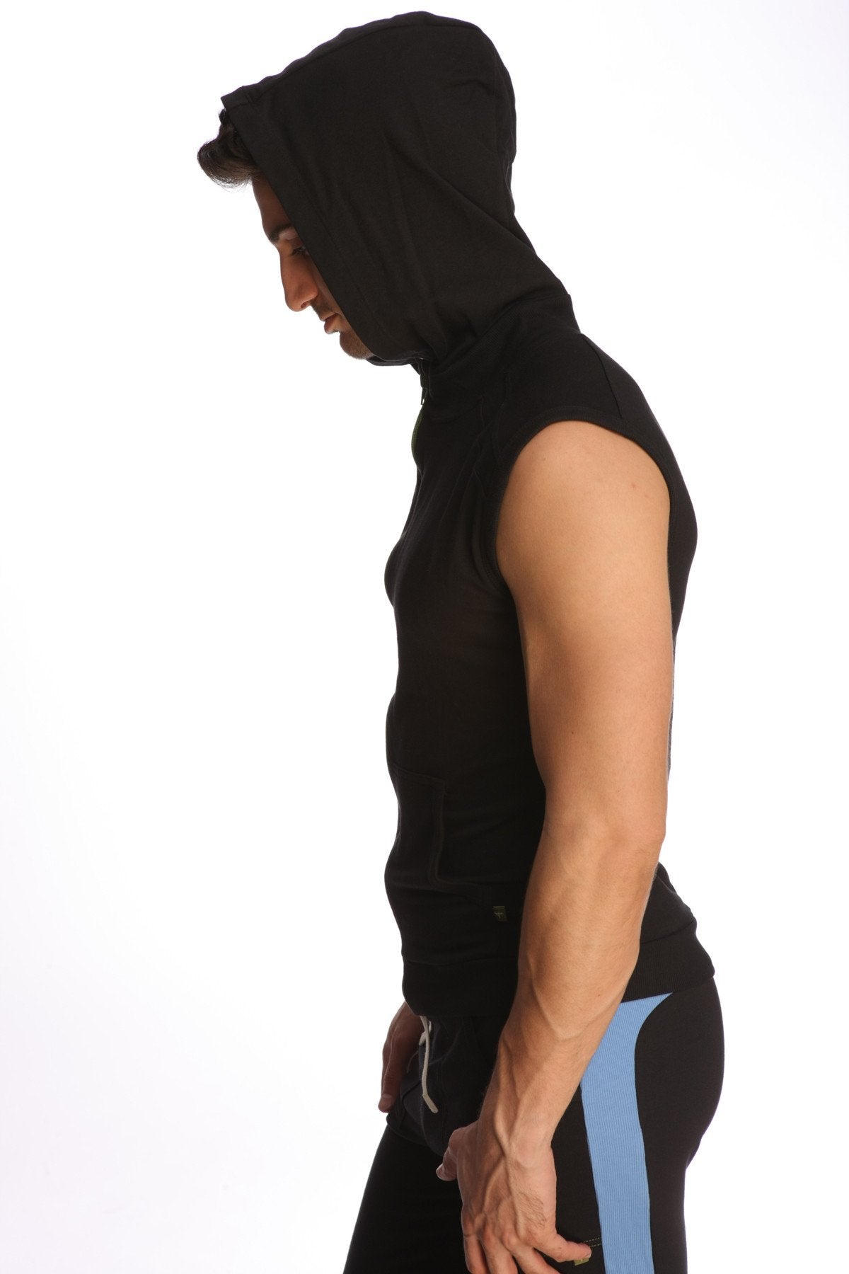 Black sleeveless yoga hoodie with hood and subtle side seam detailing ideal for activewear and casual use