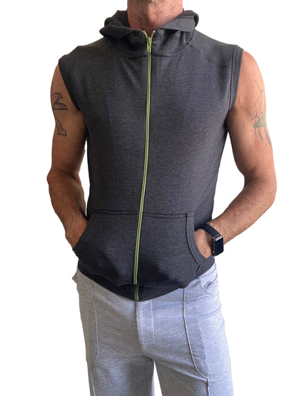Dark gray sleeveless yoga hoodie with lime green zipper and front pockets made for comfortable workouts