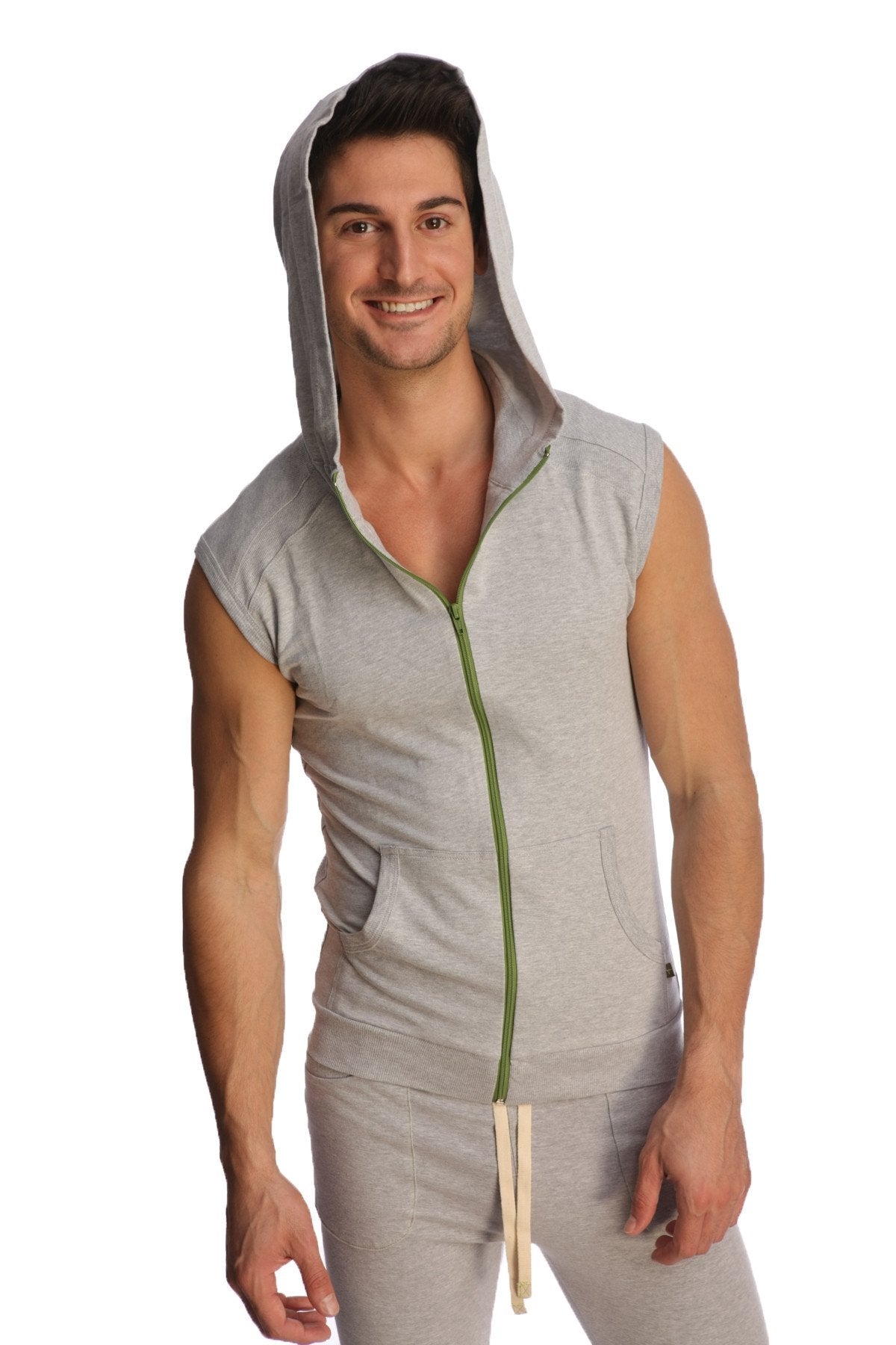 Gray sleeveless yoga hoodie in heather grey with green zipper and front pockets for comfortable workouts
