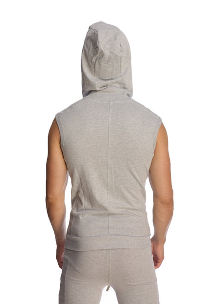 A light gray sleeveless yoga hoodie with a hood and front seam worn by a person for activewear