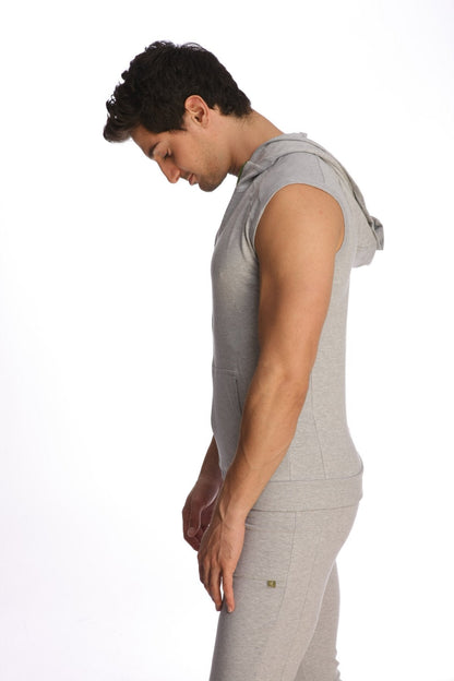 Gray sleeveless yoga hoodie with hood and front pocket made of soft heather grey fabric for comfortable workouts