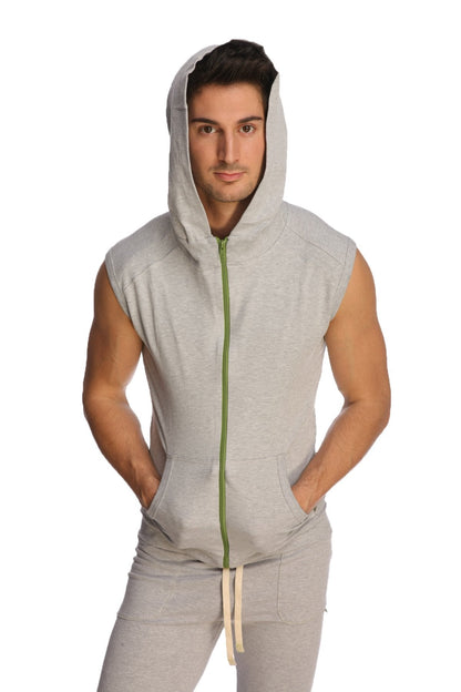 Sleeveless yoga hoodie heather grey with green zipper front pockets made of soft gray fabric for active wear
