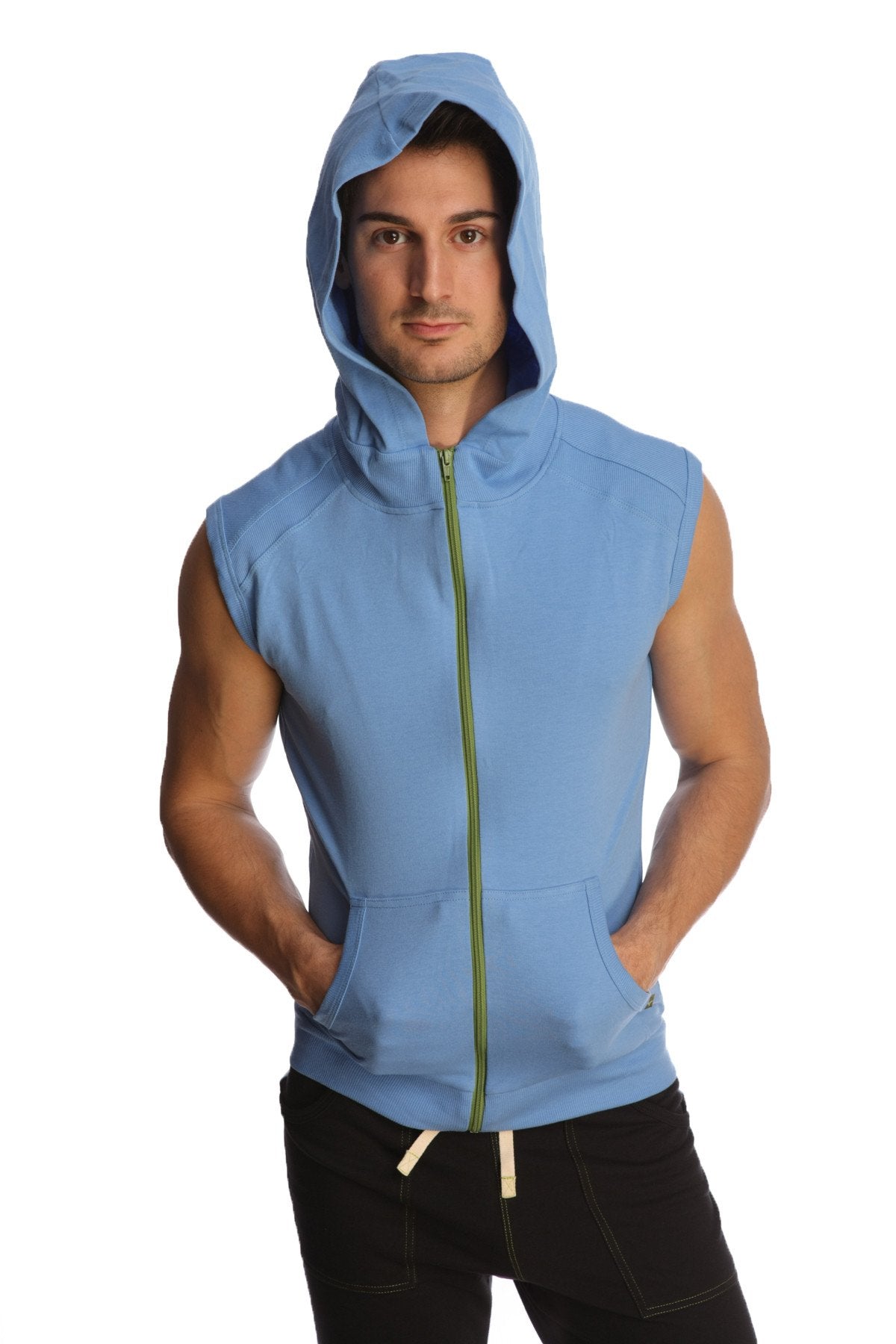 Light blue sleeveless yoga hoodie with green zipper and front pockets designed for comfortable workouts