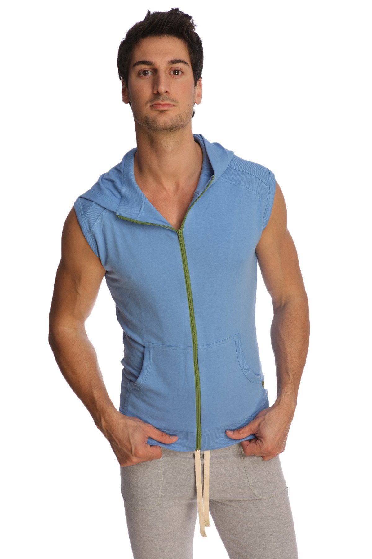 Light blue sleeveless yoga hoodie with green zipper and front pockets ideal for activewear and casual wear