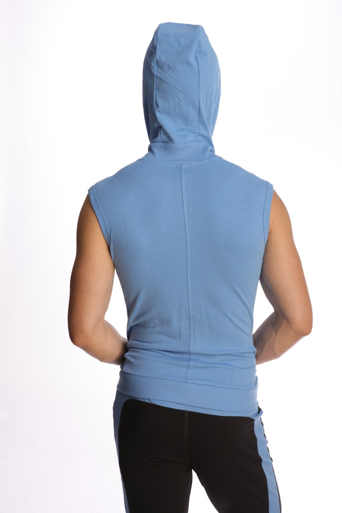 Light blue sleeveless yoga hoodie with hood and front seam detail ideal for workout and casual wear