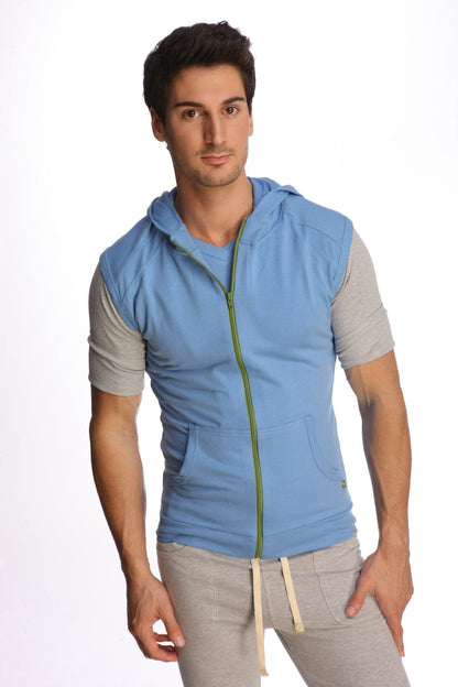 Light blue sleeveless yoga hoodie with gray short sleeves zip-up front and pockets for comfortable layering