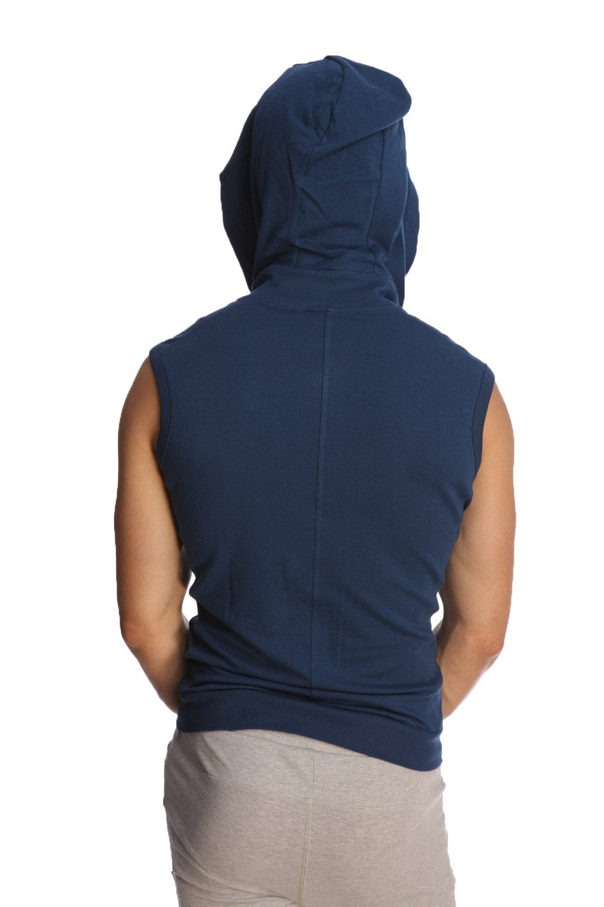 Navy blue sleeveless yoga hoodie with hood and back seam detail ideal for workout and casual wear viewed from back