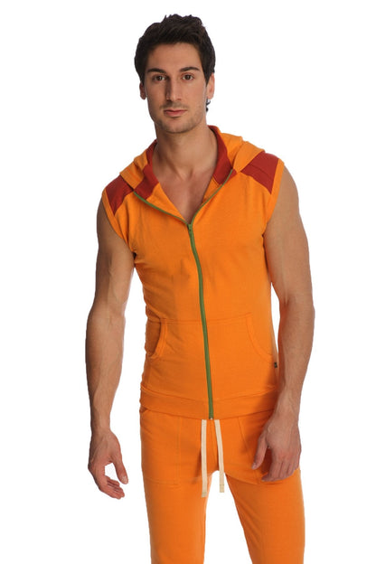 Orange sleeveless yoga hoodie with red shoulder panels and green zipper trim for active wear