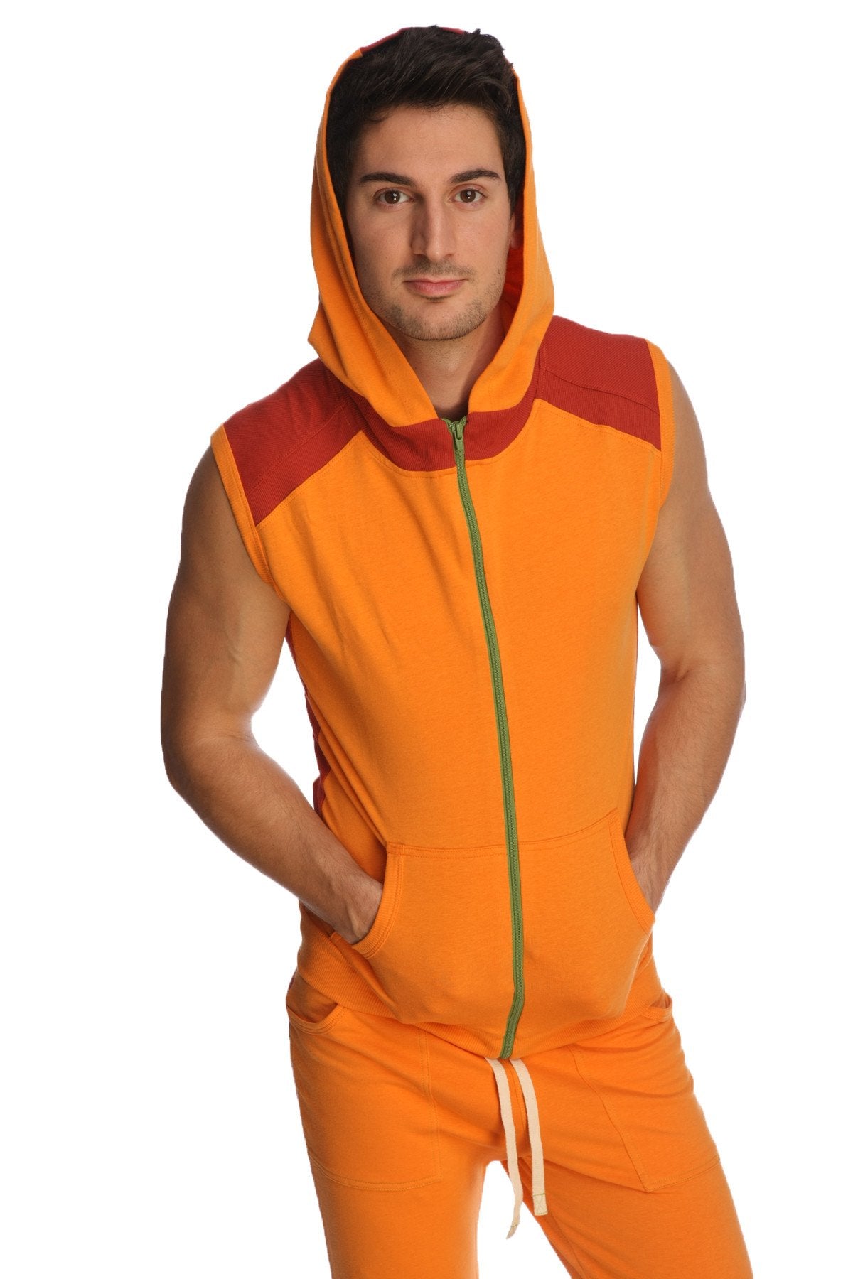 Orange and red sleeveless yoga hoodie with green zipper and matching drawstring pants for activewear