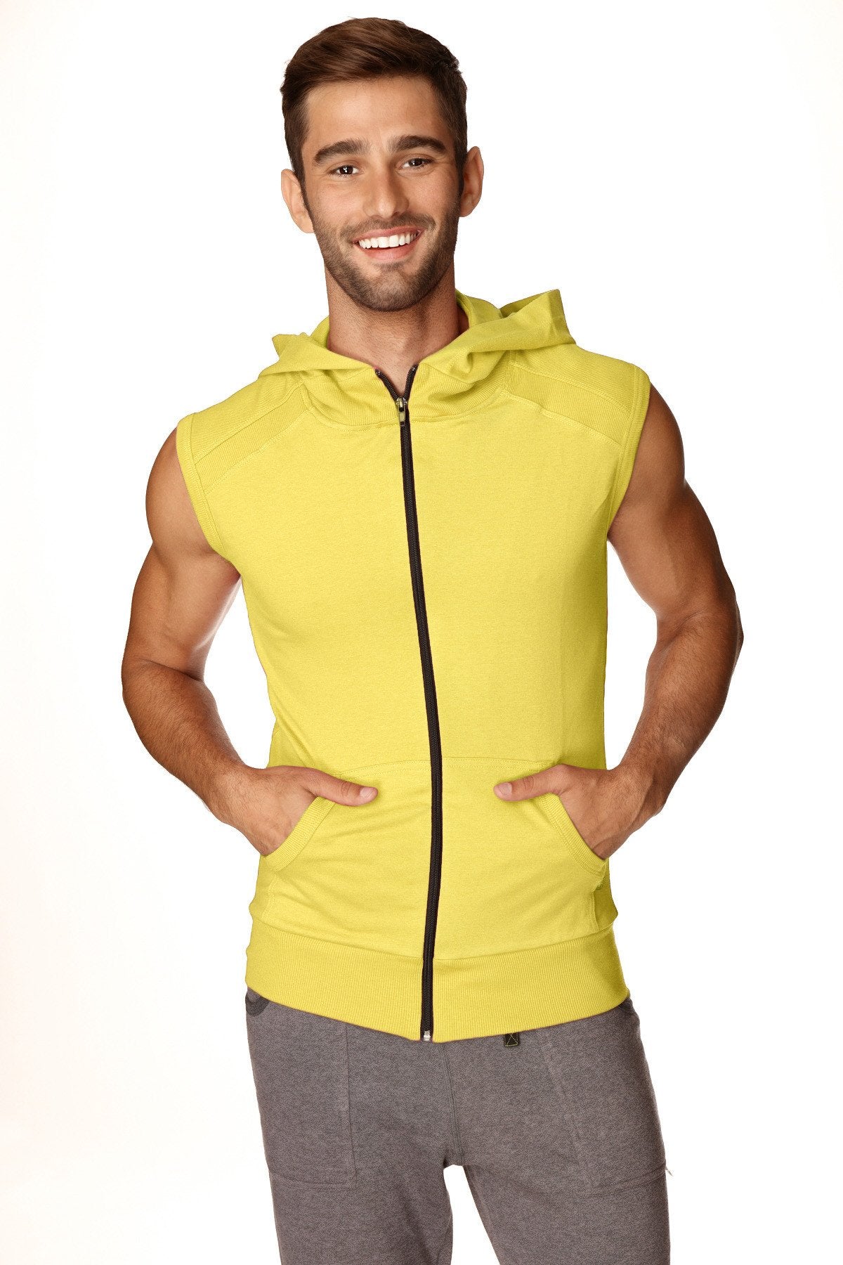 Bright yellow sleeveless yoga hoodie with a hood zip front and pockets ideal for warm weather workouts
