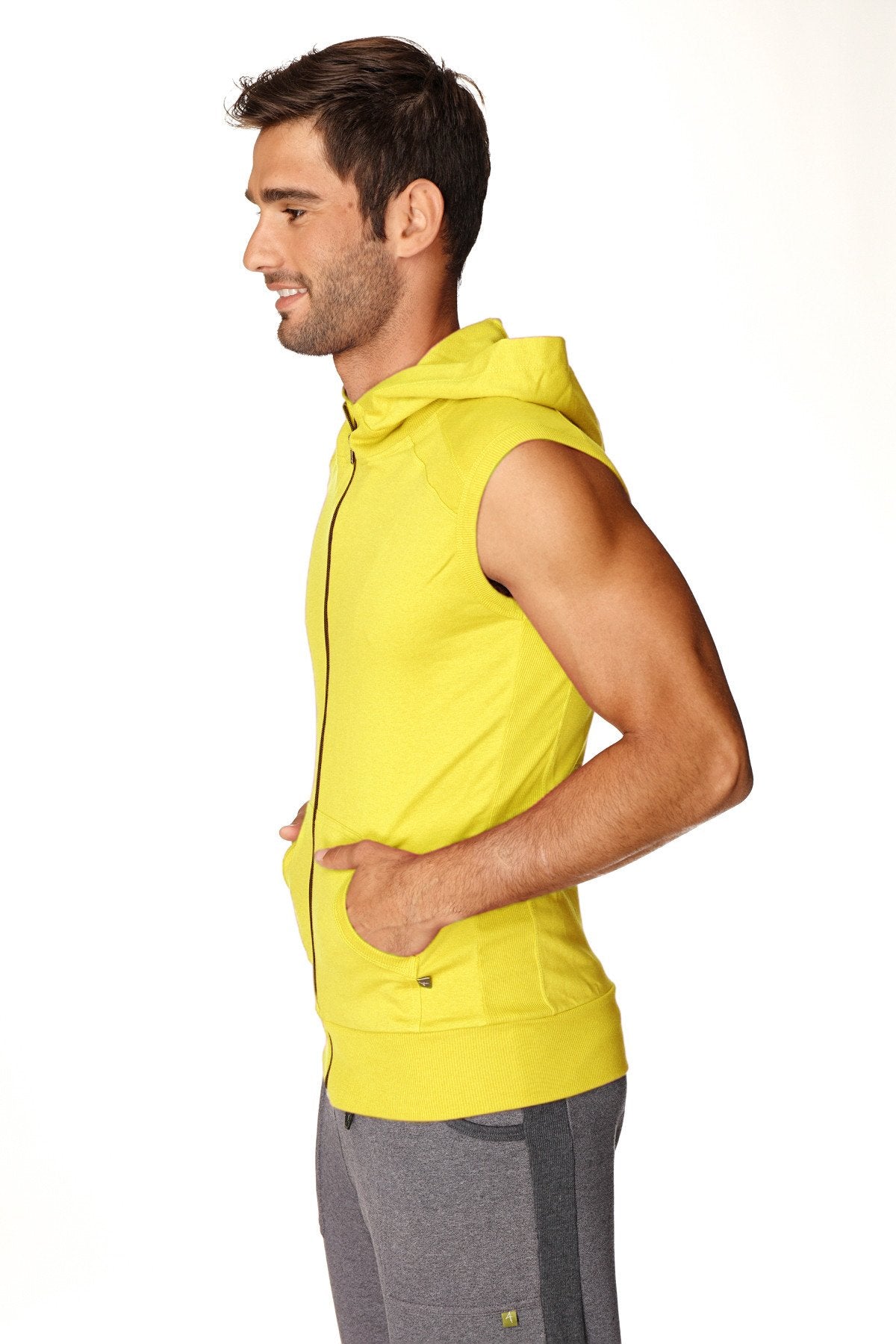 Bright yellow sleeveless yoga hoodie with full-length zipper and front pockets for comfortable activewear use