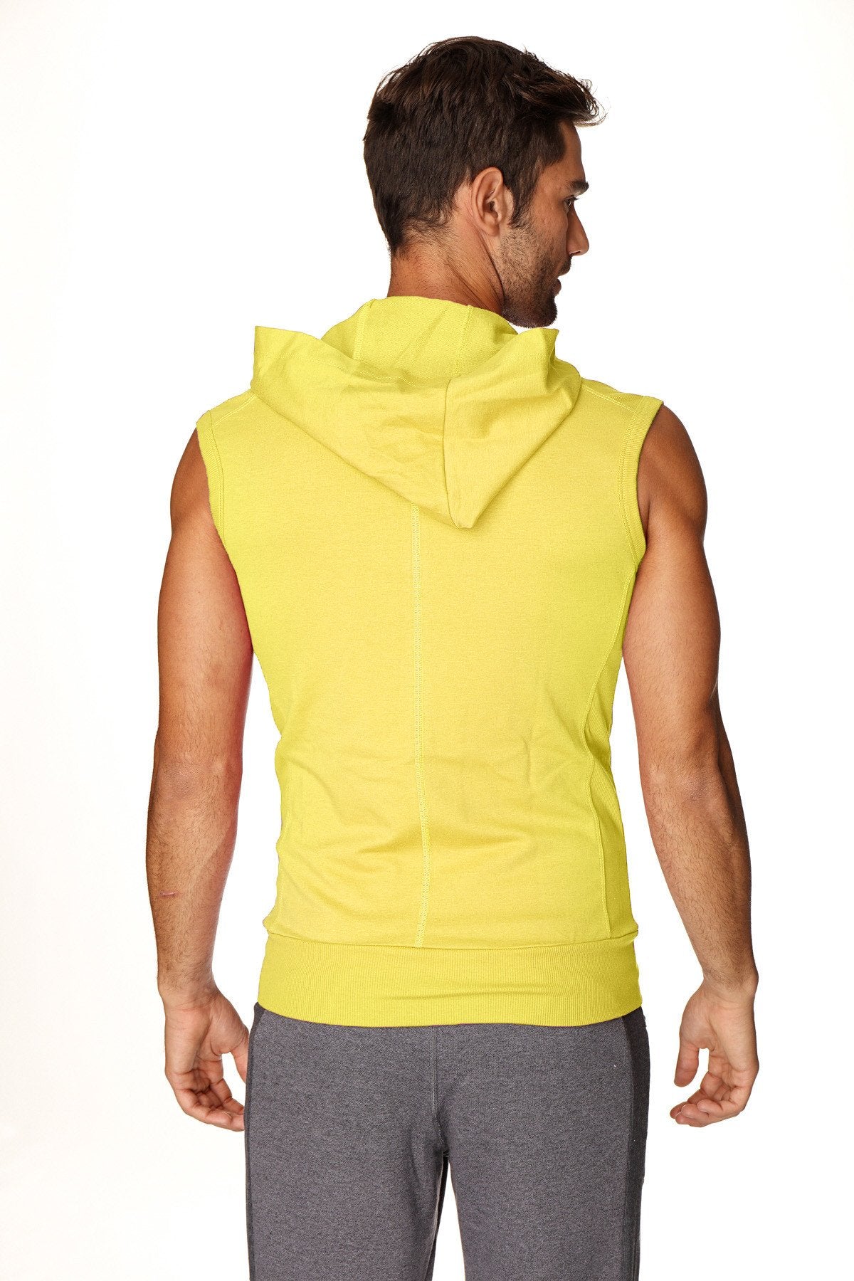 Bright yellow sleeveless yoga hoodie with hood and ribbed hem ideal for activewear and casual comfort