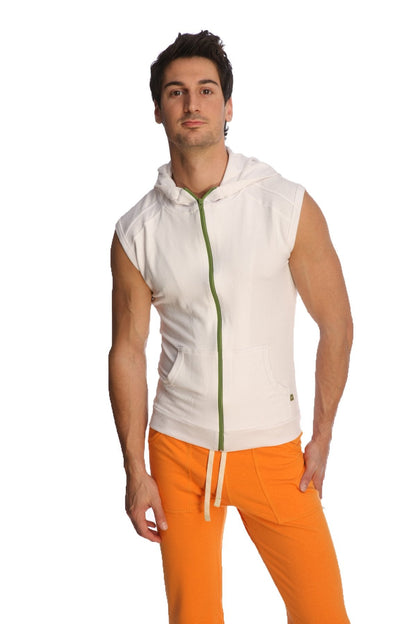 Sleeveless yoga hoodie in white with a green zipper and subtle branding on the lower right side