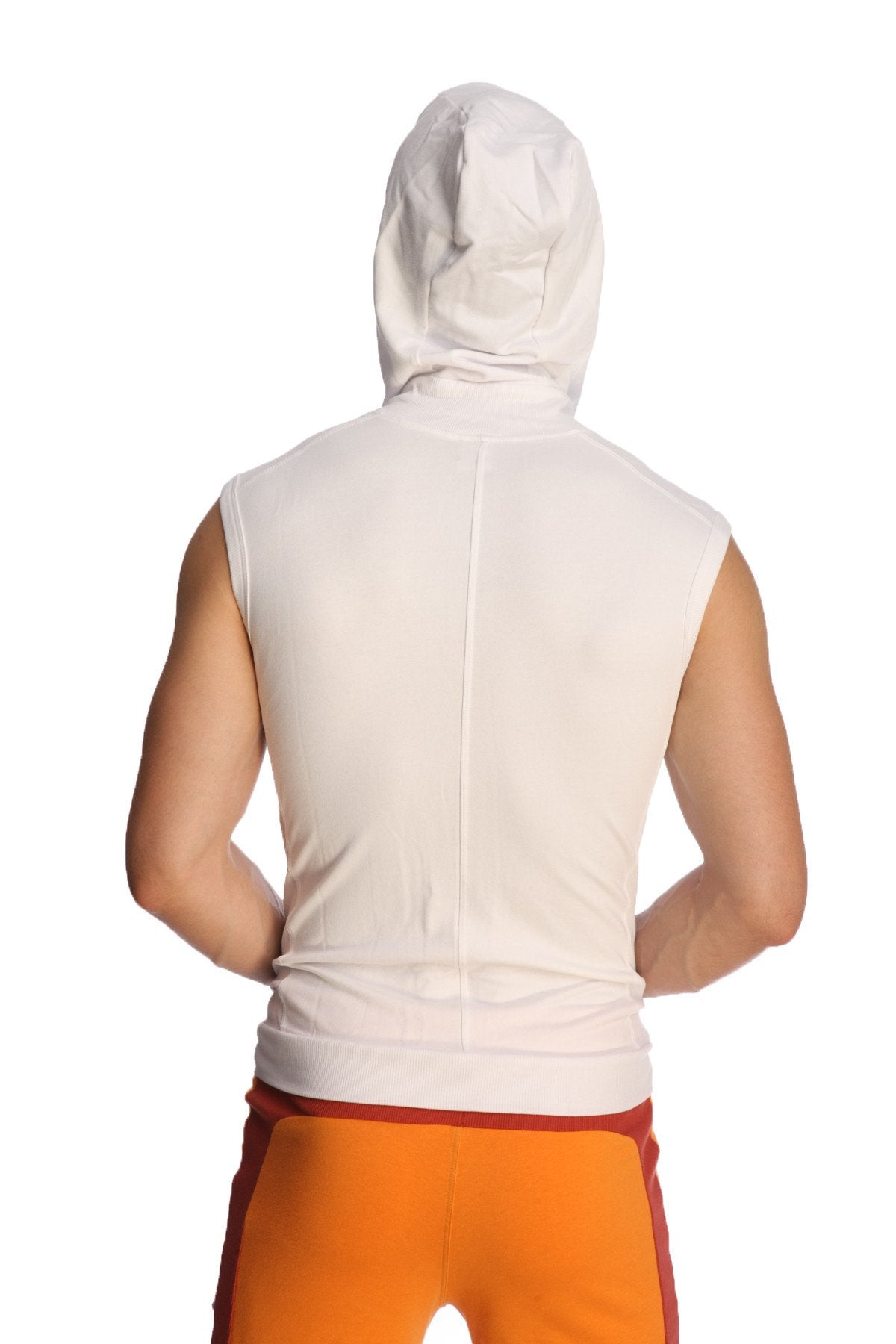 White sleeveless yoga hoodie made of soft fabric with a hood designed for comfortable workouts
